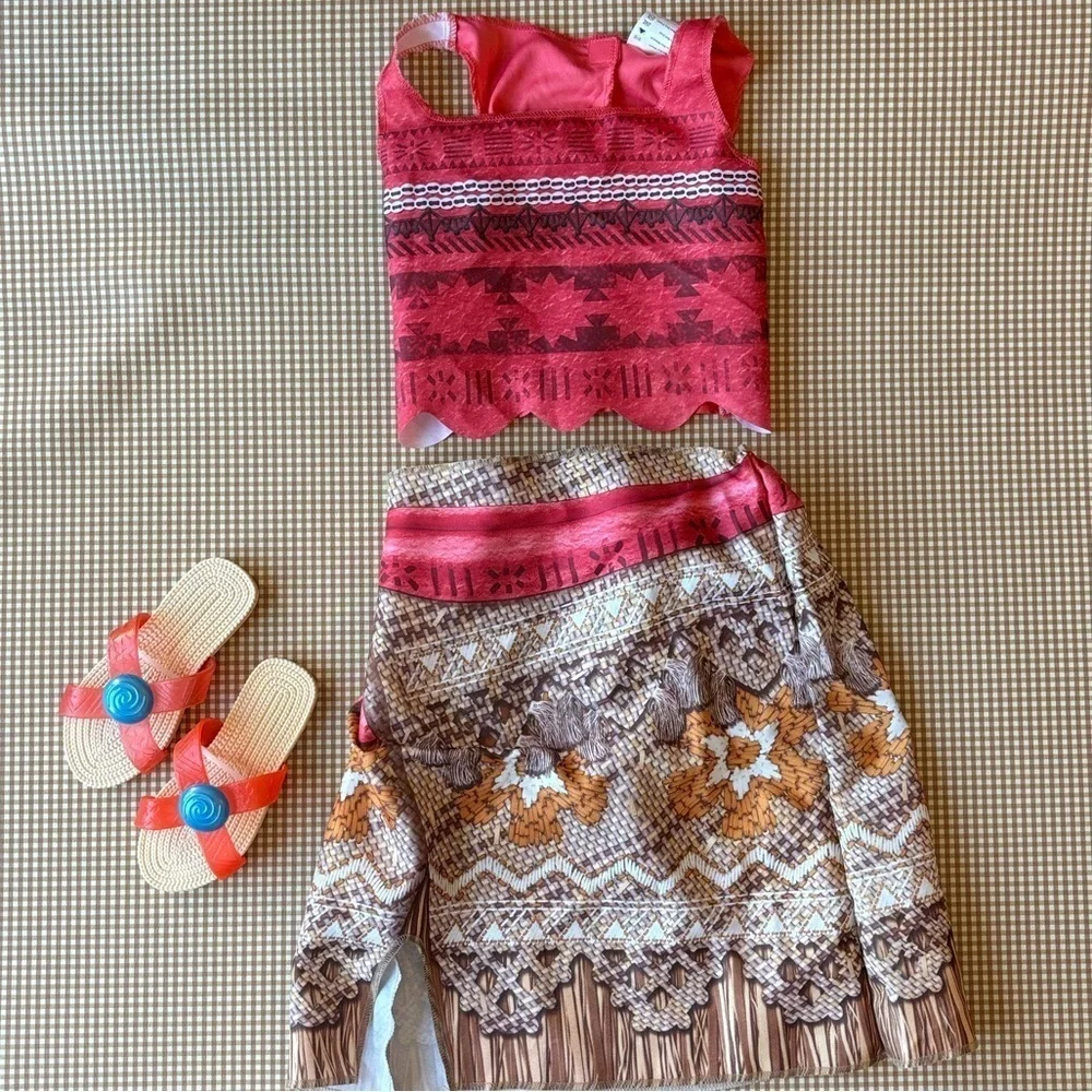 Disney Moana Costume top / skirt‎ / sandals slides. NEW. Size 4-6 years